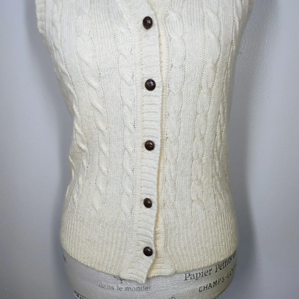Vtg De Mura Cable Knit Sweater Vest Womens Small Cream Wool Academia Preppy